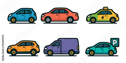 Car icon set. transportation flat icons: sedan, taxi, van, electric, parking, vehicle vector icons.