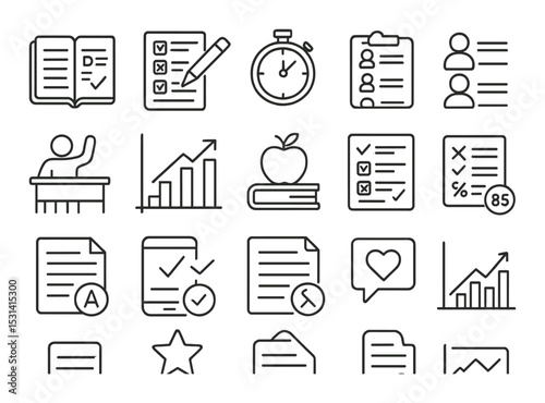 Education icon set. linear school, learning, exam, book, graph, checklist, apple vector icons.