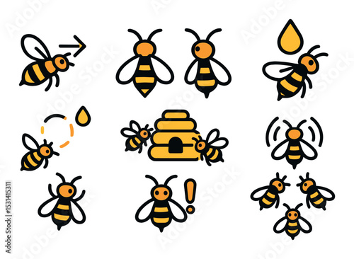 Bee set. insect silhouette hive, honey, droplet, alert, swarm, buzz, dance vector icons.