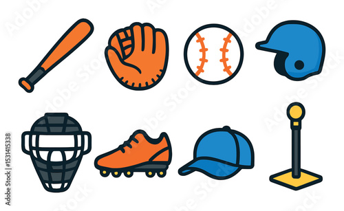 Baseball equipment set. sports and gear flat style. bat, glove, ball, helmet, mask, shoe vector icons.