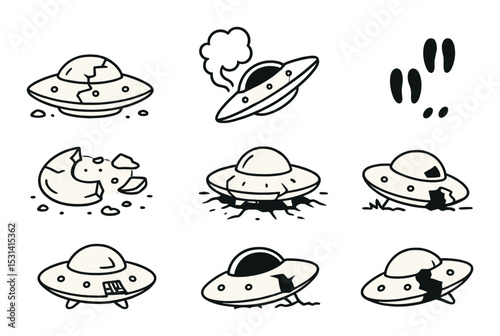Ufo spaceship set. extraterrestrial flat ufo, spaceship, flying saucer vector icons.
