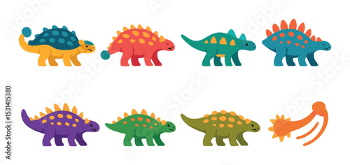 Dinosaur icon set. flat dino, stegosaurus, triceratops, t-rex, brachiosaurus, vector icons.