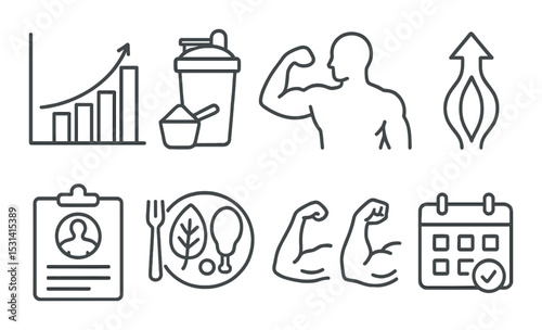 Fitness and nutrition icon set. linear icons: graph, shaker, muscle, diet, calendar vector icons.