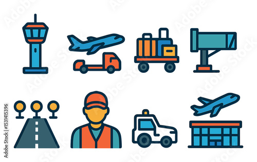 Airport icon set. air travel flat symbols. plane, baggage, terminal, runway, tower vector icons.