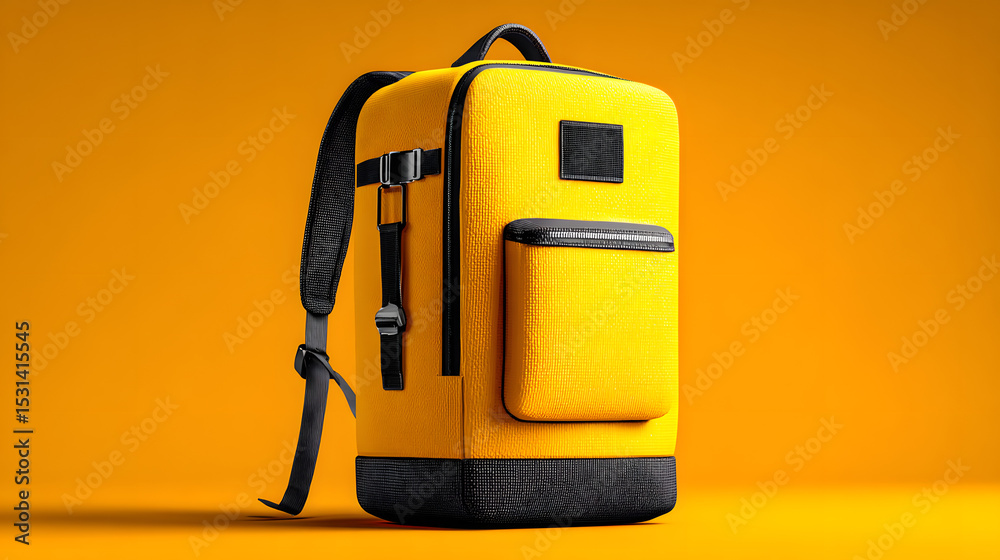 Naklejka premium yellow insulated food delivery backpack. Blank thermal courier bag mockup with space for custom branding. Ideal for online food orders and contactless delivery during quarantine