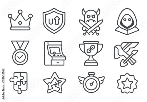 Game icon set. gaming achievements silhouette icons. crown, shield, sword, trophy, star vector icons.