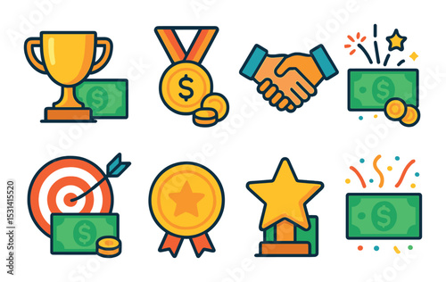 Financial award set. money reward flat symbols. trophy, medal, dollar, handshake vector icons.
