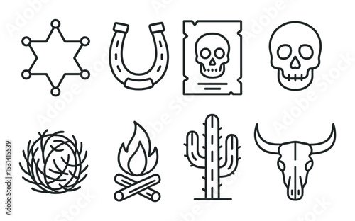 Wild west set. cowboy silhouette icons: badge, horseshoe, skull, fire, cactus, cowhead vector icons.