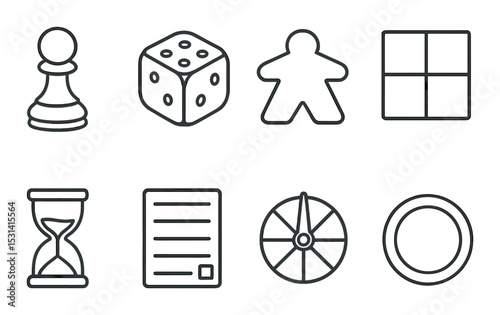 Board game icon set. dice, pawn, meeple, board, timer, rules, spinner, tile. silhouette vector icons