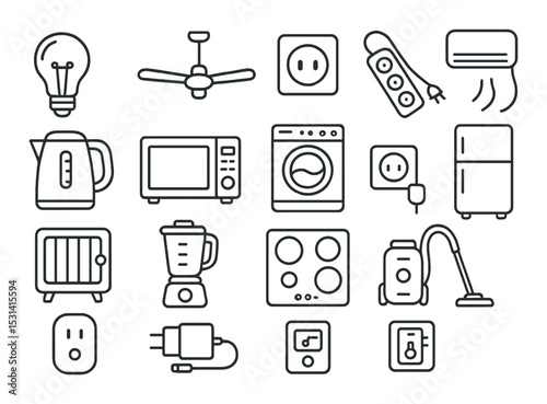 Home appliance set. kitchen and household linear icons. blender, washer, kettle vector icons.