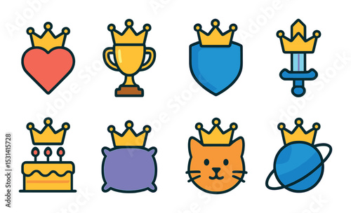 Crown icon set. royal symbols flat design: heart, trophy, shield, sword, cat vector icons.