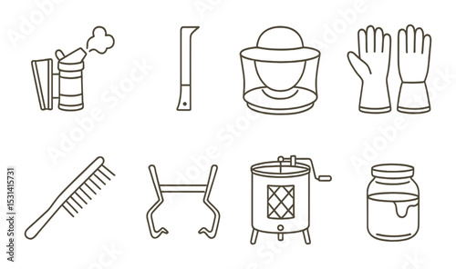 Beekeeping tools set. apiary equipment silhouette smoker, hive, suit, gloves vector icons.
