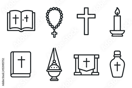 Christian symbol set. religious linear elements. bible, cross, candle, rosary, incense vector icons.