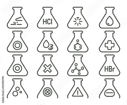 Chemical flask icon set. laboratory science linear flasks, hazard, reaction vector icons