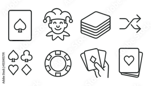 Playing cards set. casino and poker linear icons. joker, poker chip, shuffle, suit vector icons.