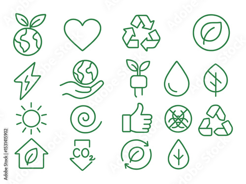 Eco icon set. environmental protection linear symbols. earth, recycle, leaf, energy vector icons.