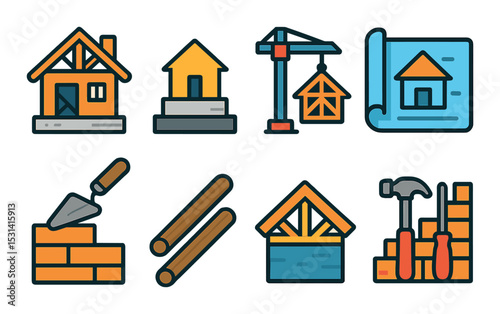 Home construction set. building elements flat icons. house, crane, blueprint, tools vector icons.