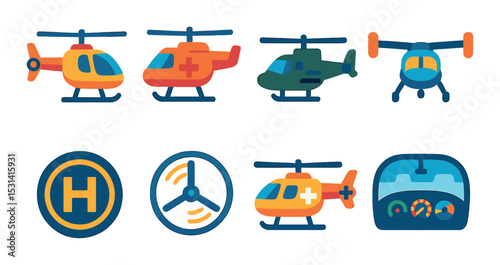 Helicopter icon set. aviation, transport, landing pad, dashboard, rotor flat vector icons.