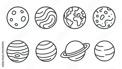 Planetary set. solar system linear planets. earth, mars, jupiter, saturn, neptune vector icons.
