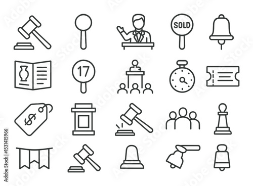 Auction set. bid, gavel, sold, hammer, auctioneer, paddle, linear style vector icons.