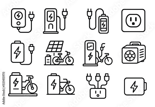 Electric charging station set. energy, battery, plug, bike, outlet linear vector icons.
