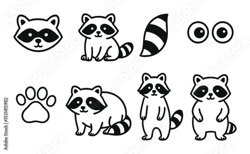 Raccoon icon set. wildlife silhouette raccoon, paw, face, tail, eyes vector icons.