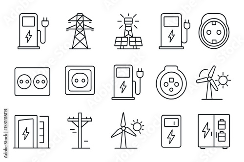 Electricity icon set. energy sources linear symbols. plug, socket, solar, turbine vector icons.