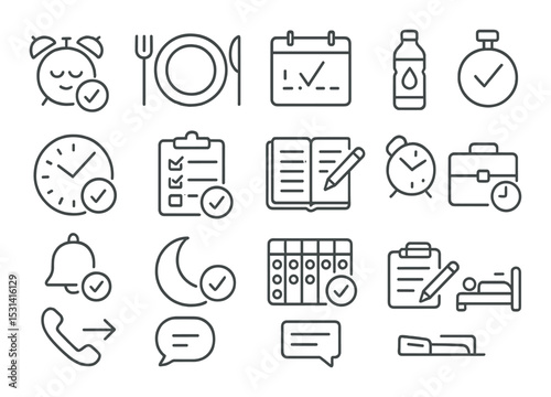 Time management set. linear clock, calendar, checklist, planner, alarm, bedtime icons vector