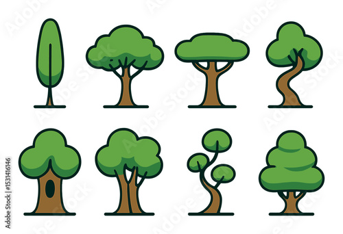 Tree icon set. nature silhouette trees. pine, oak, willow, bonsai, acacia vector icons.