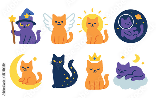 Cat magic icon set. mystic, fantasy, witch, angel, moon, cloud, planet flat vector icons