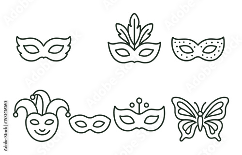 Mask set. carnival mask linear icons. mask, jester, butterfly, feather, crown vector icons.