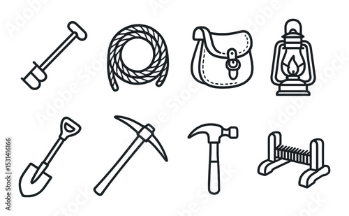 Camping equipment set. outdoor adventure silhouette icons. shovel, rope, lantern, hammer vector icons.