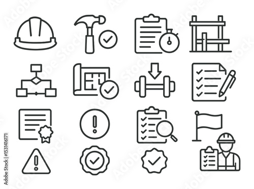 Construction and engineering icon set. linear hard hat, tools, checklist, architect vector icons.