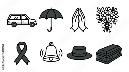 Funeral ceremony icon set: memorial, prayers, mourning, flower, umbrella, linear vector icons