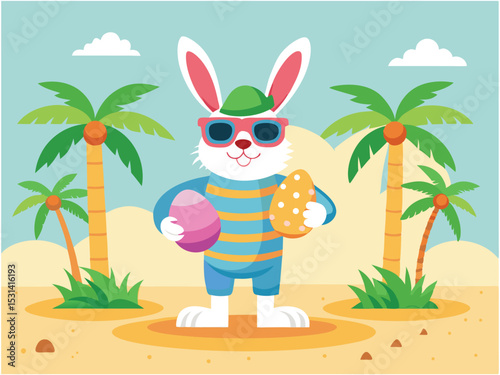 Summer Easter Bunny with Sunglasses & Eggs on Tropical Beach Illustration