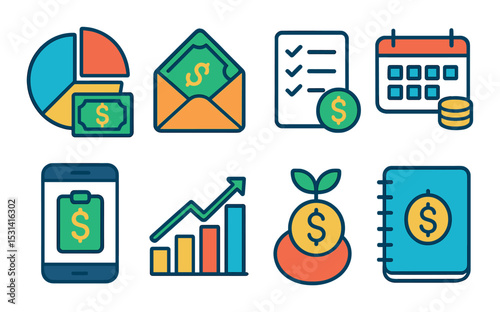Finance icon set. money management flat icons. chart, envelope, calendar, growth vector icons.
