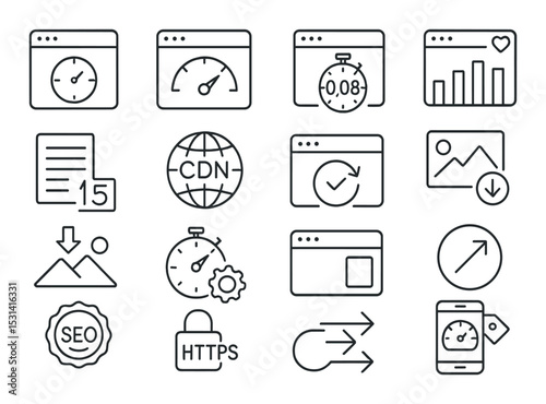Web performance set. speed, seo, cdn, https, analytics, responsive flat vector icons.