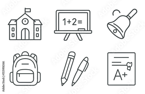 School theme set. educational linear icons: school, bell, backpack, pencil, grade vector icons.
