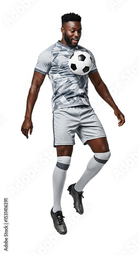 Dynamic Soccer Player in Mid-Jump with Soccer Ball Captured in a Studio Setting Displaying Energy and Passion