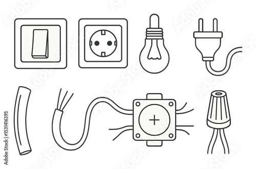 Electrical equipment set. circuit elements linear switch, bulb, plug, socket, wire vector icons.
