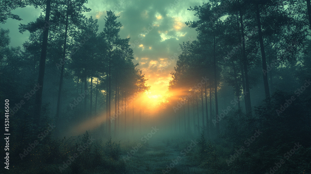 Fototapeta premium Misty forest sunrise with sunbeams through trees
