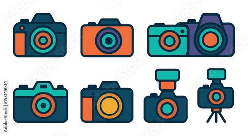 Camera set. photography equipment flat icons. camera, lens, flash, tripod vector icons.