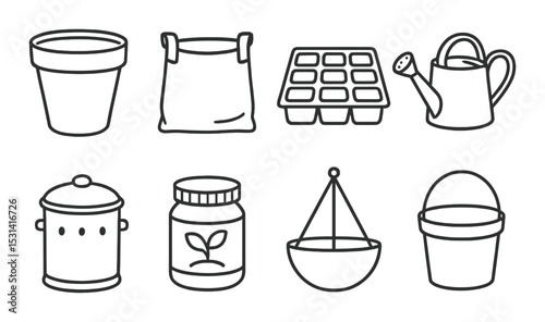 Gardening tools set. flat style pots, watering can, seeds, planter, compost bin vector icons