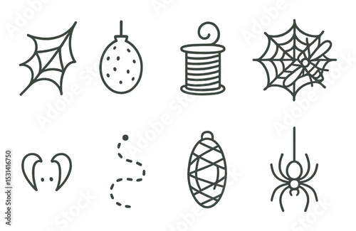 Halloween decoration set: linear spider, web, thread, bomb, ear icon vectors