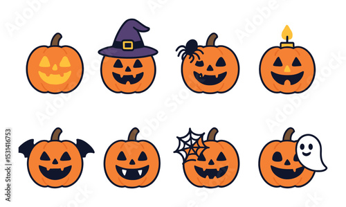 Halloween pumpkin set. spooky silhouette pumpkins: ghost, witch, bat, spider vector icons.