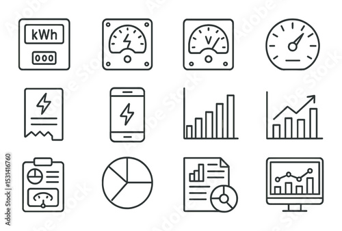 Meter and chart set. energy, statistics, bar, pie, dashboard, gauge linear vector icons.
