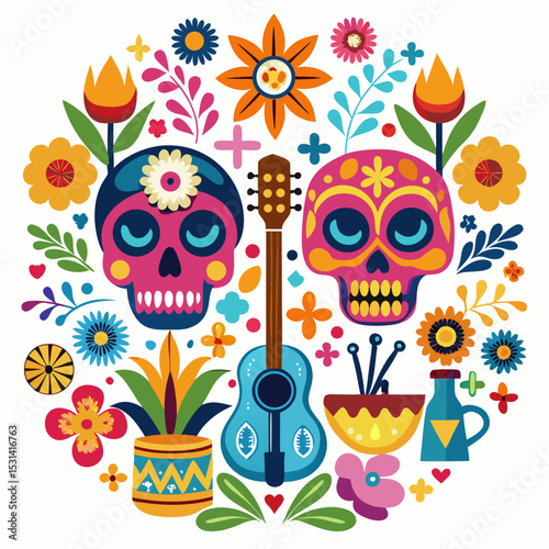 Day of the Dead Mexican Cultural Vector with Skulls and Flowers on White Background