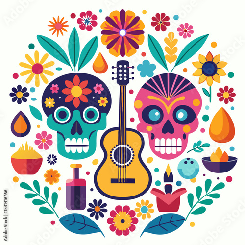 Day of the Dead Mexican Cultural Vector with Skulls and Flowers on White Background