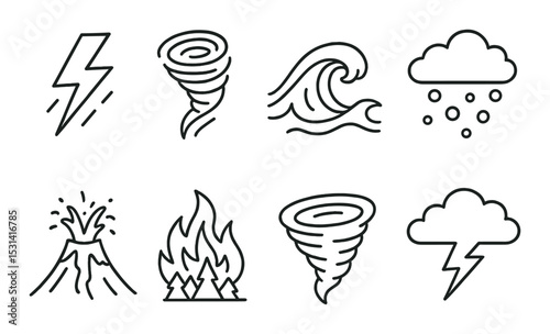 Natural disasters icon set. weather, tornado, wave, snow, volcano, fire silhouette vector icons.