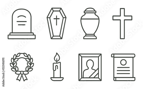 Memorial icons set. funeral, grave, candle, urn, cross, wreath, scroll, frame linear vector icons